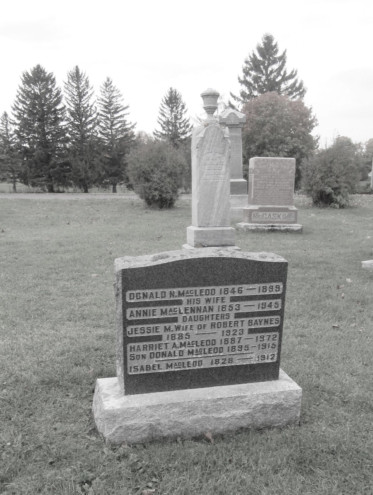 Photo of headstones/McLeod family hdstn St Columba Presbyterian Church Cem, Kirkhill